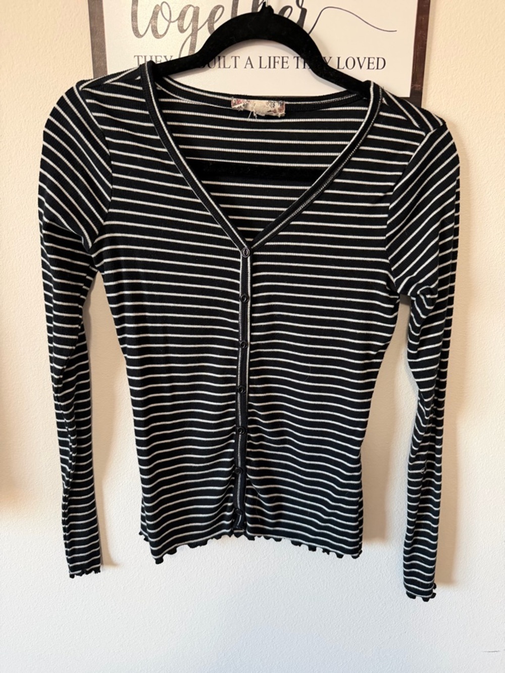 Pink Rose Black & White Striped Button-Down Top